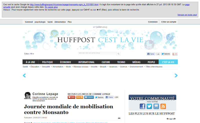 Capture d'écran de la partie supérieure de la page où apparaît l'article de Mme Lepage telle qu'elle se présente au 27 juillet 2013. 